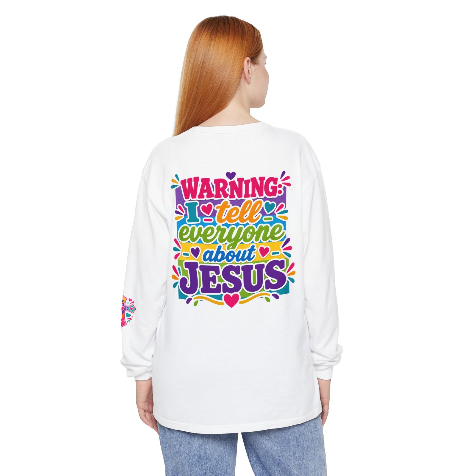 Christian Long Sleeve Tee — "Warning I Tell Everyone About Jesus" Colorful Faith Shirt