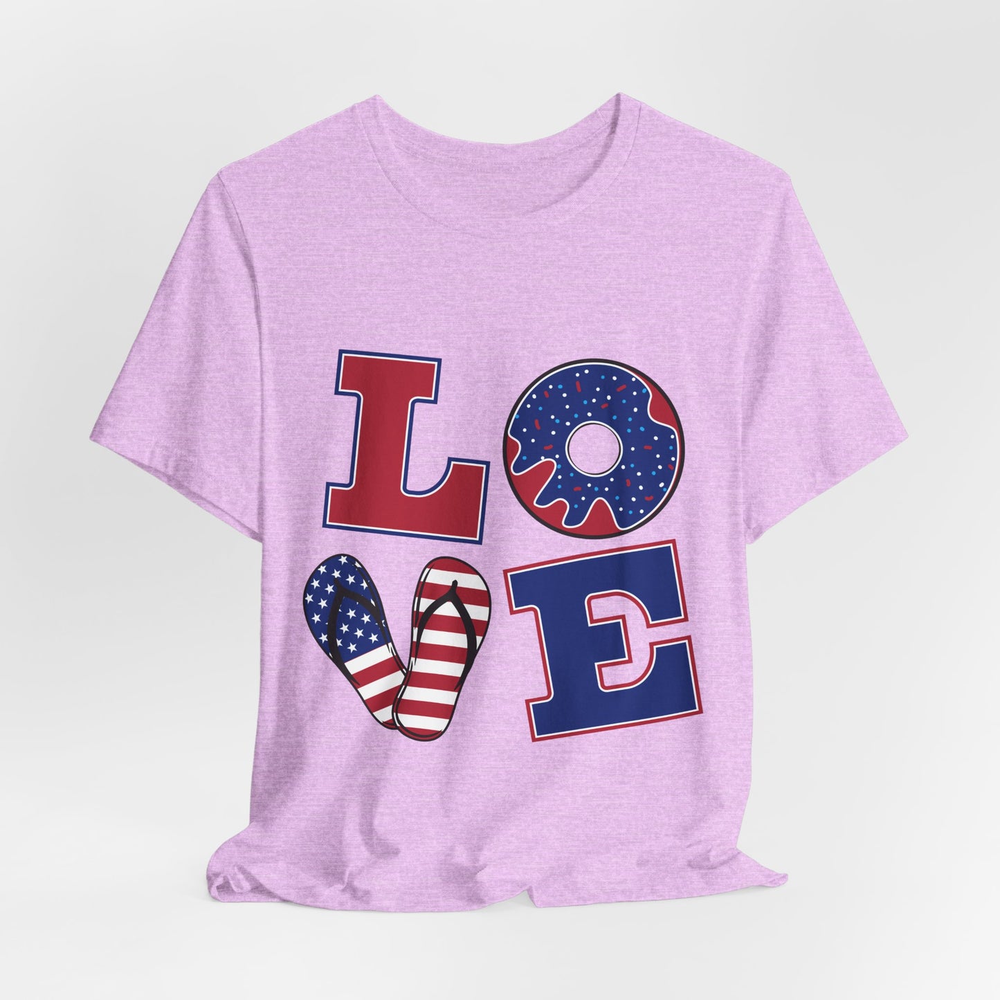 Patriotic LOVE T-Shirt — American Flag Donut & Flip-Flop Fourth of July Tee
