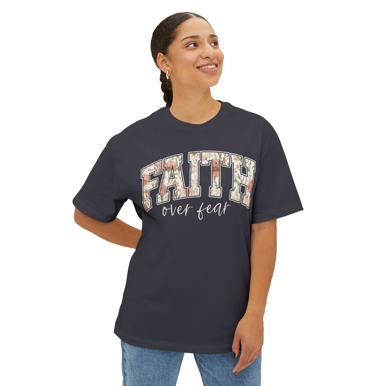 Faith Floral Boxy Tee — Oversized White Graphic T-Shirt with Floral "FAITH" Design