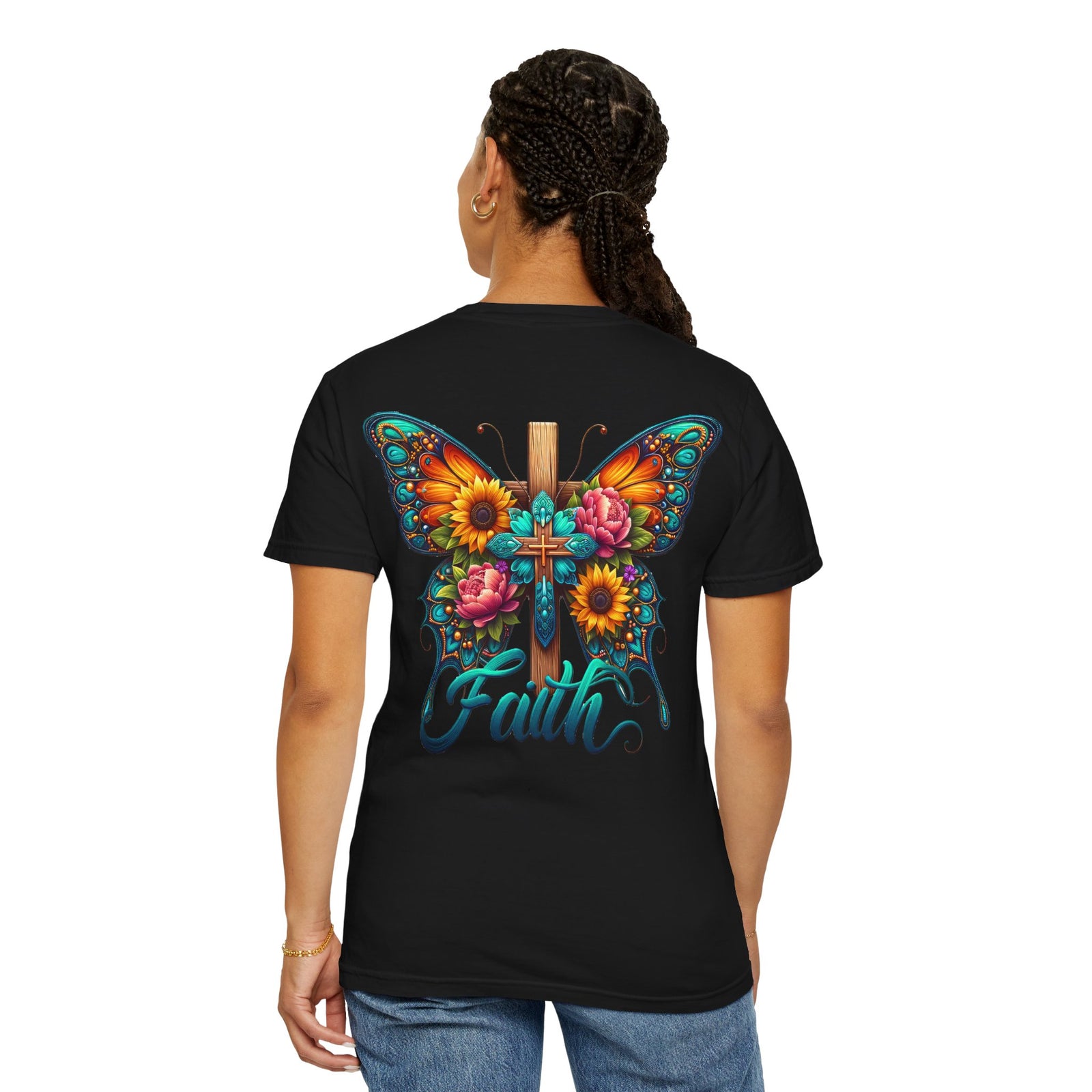 Faith Butterfly T‑Shirt — Floral Cross Design for Christian Gifts & Church Events