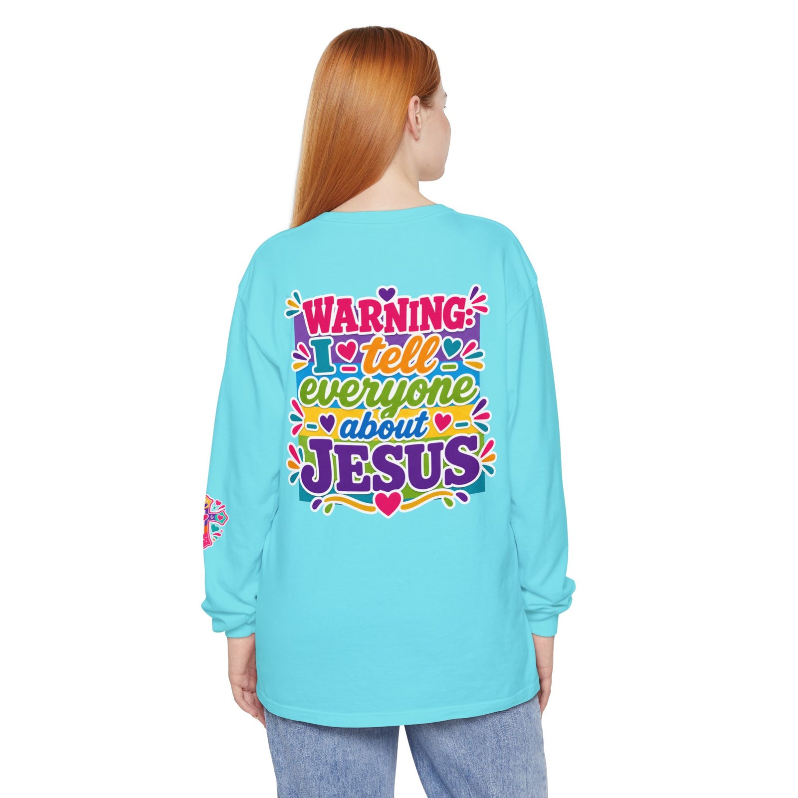 Christian Long Sleeve Tee — "Warning I Tell Everyone About Jesus" Colorful Faith Shirt