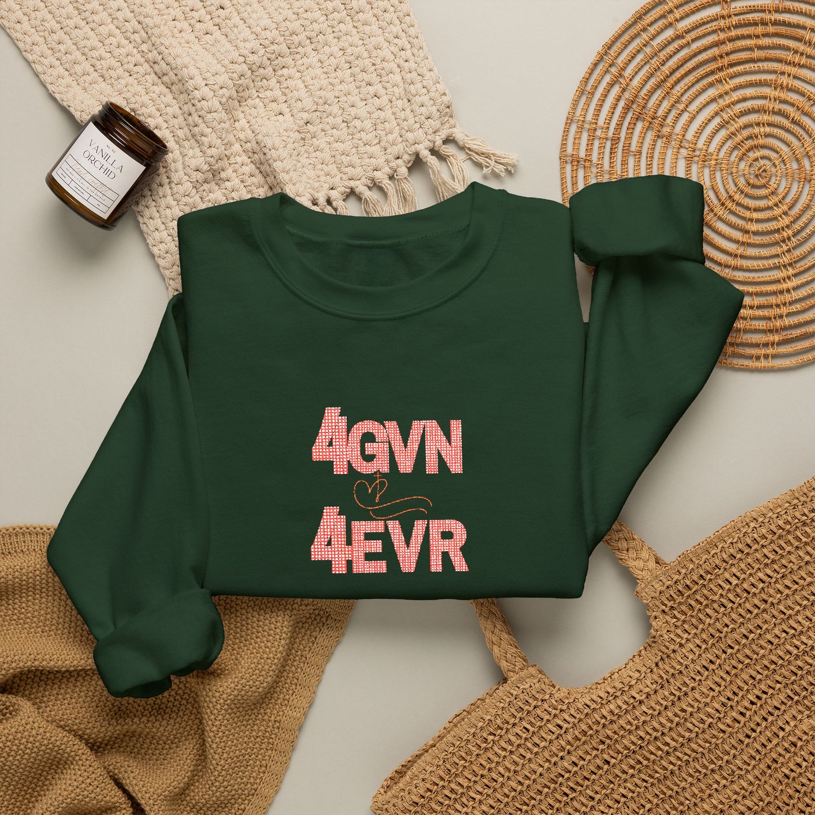 Crewneck Sweatshirt — 'AGAIN NEVER' Floral Text Design, White Cozy Pullover