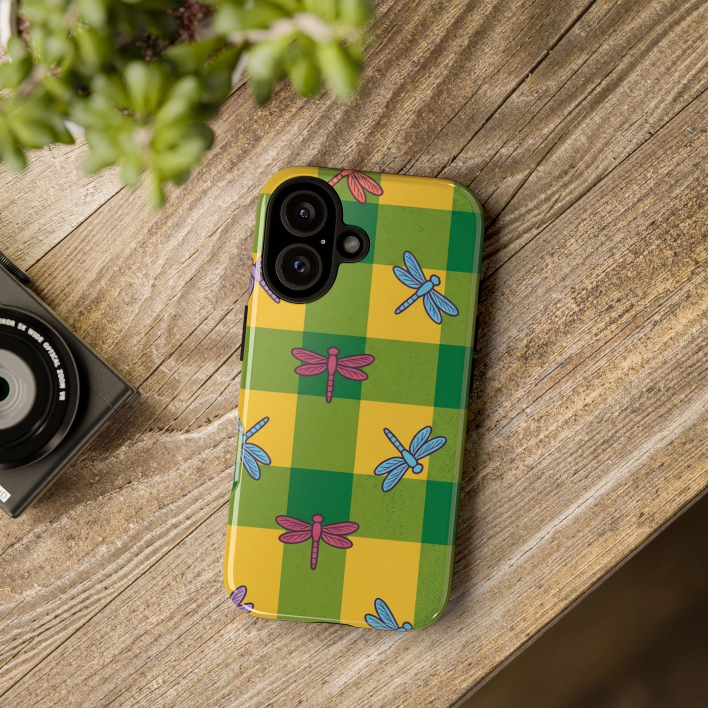 Dragonfly Check Phone Case — Colorful Plaid Protective Tough Case