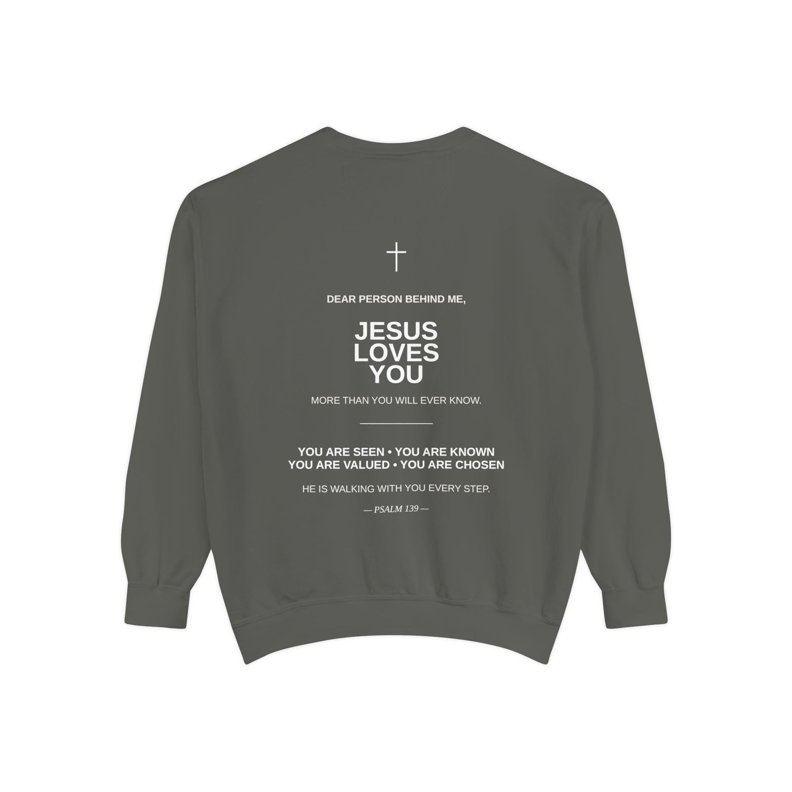Christian Sweatshirt — Small Cross (Front) + "Jesus Loves You" Back