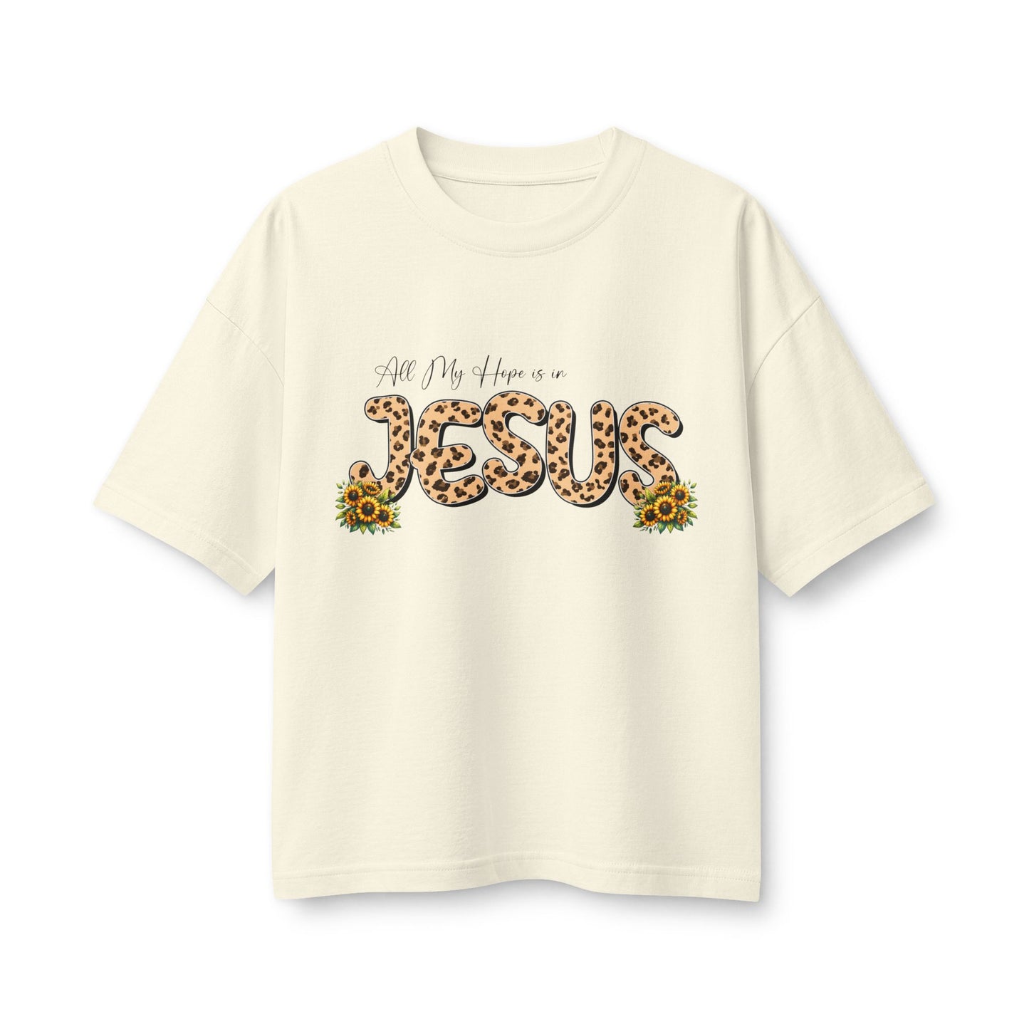 Women’s Tee — All My Hopes Are in Jesus Leopard Print with Sunflowers