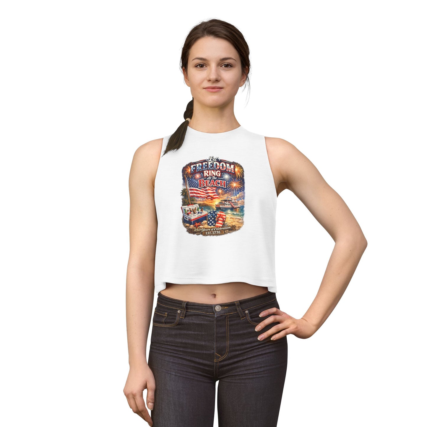 Freedom Pier Beach Graphic Crop Top — Patriotic 4th of July Tank