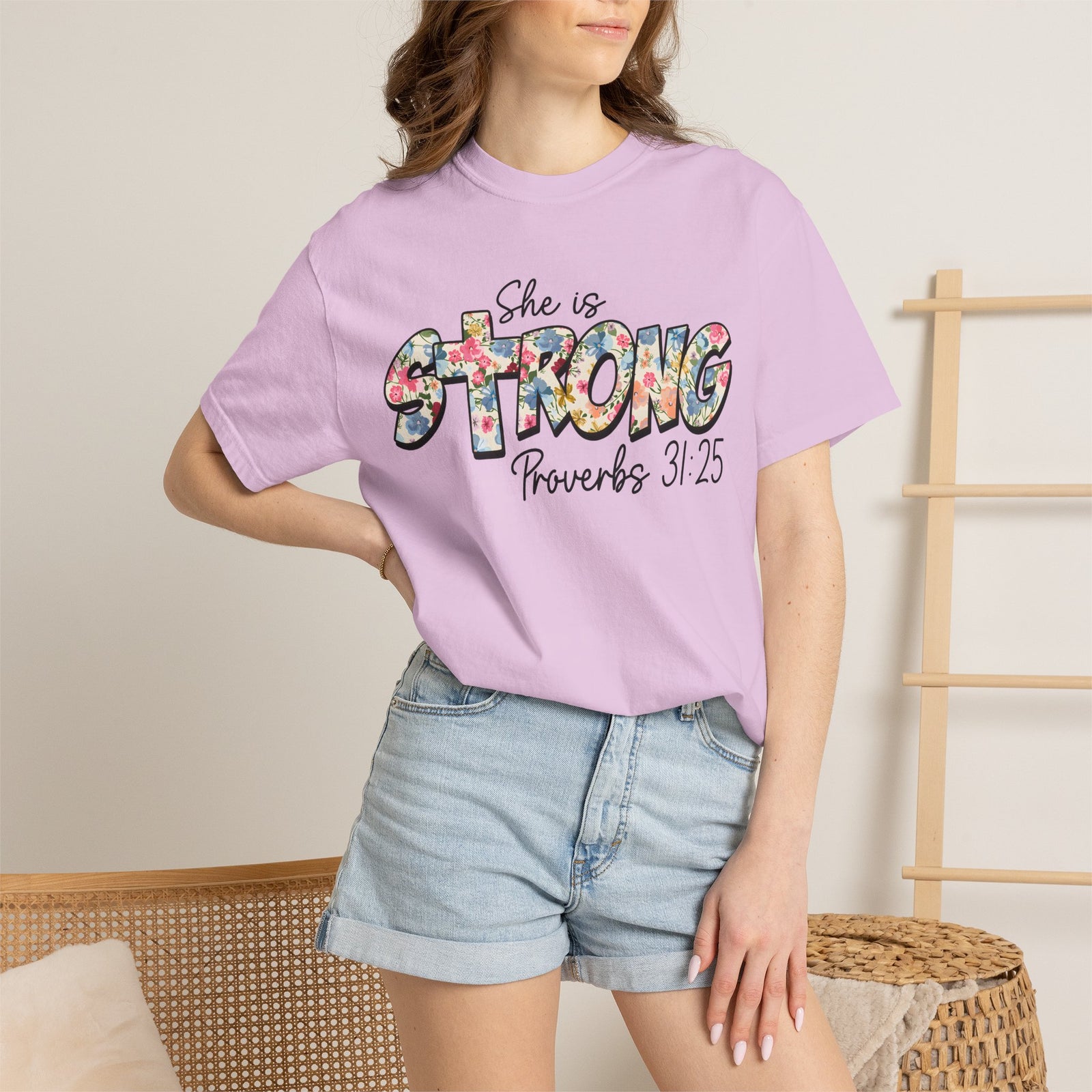 She Is Strong Floral T-Shirt — Proverbs 31:25 Inspirational Tee for Women