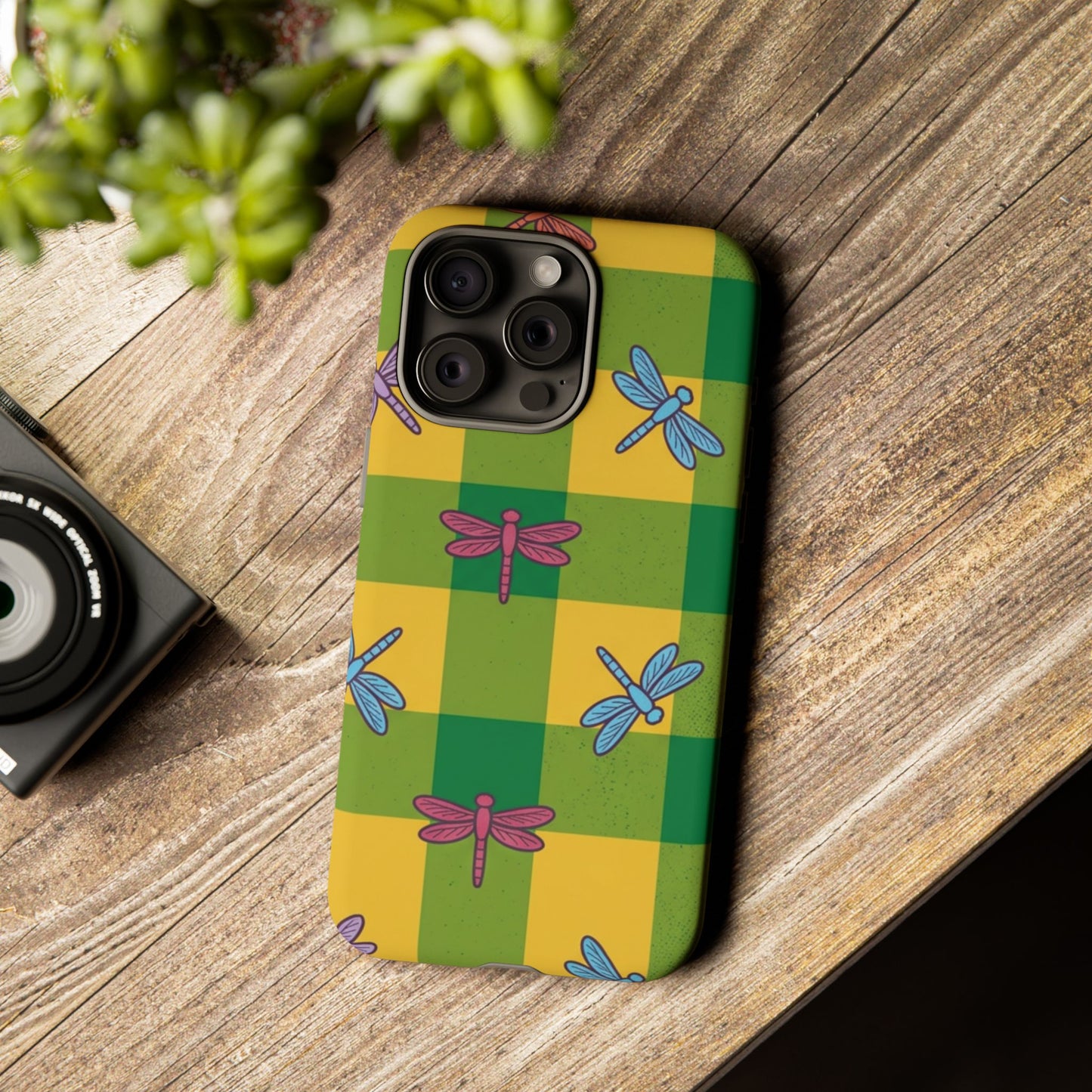Dragonfly Check Phone Case — Colorful Plaid Protective Tough Case