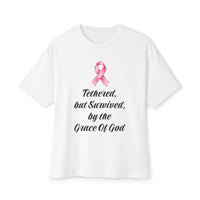 Load image into Gallery viewer, "Tethered but Survived by the Grace of God" Breast Cancer Awareness Tee