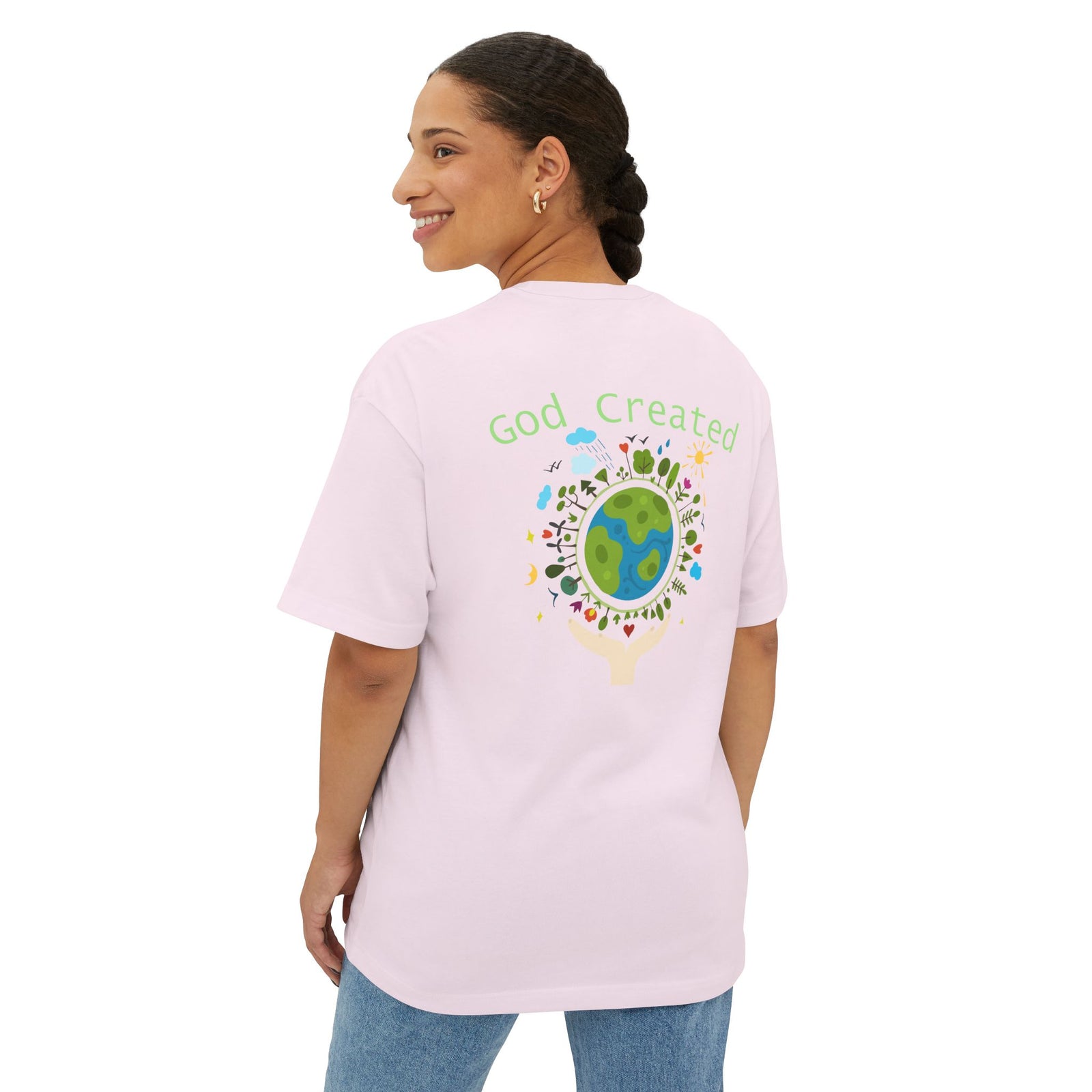 T-Shirt — "God Created" Earth Graphic Tee (Eco, Faith & Nature Love)