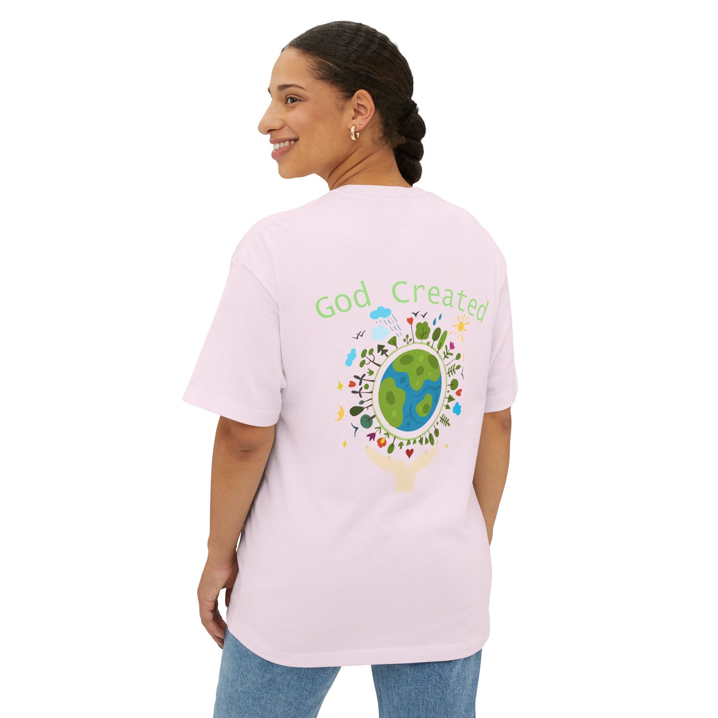 T-Shirt — "God Created" Earth Graphic Tee (Eco, Faith & Nature Love)