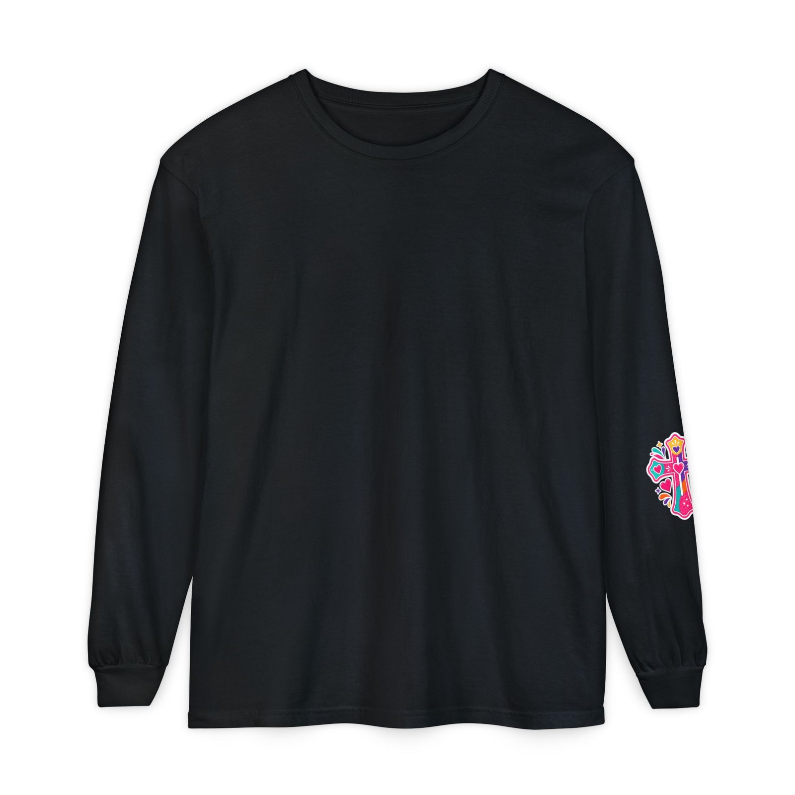 Long Sleeve T-Shirt — “I’m the One on the Front Row at Church With My Hands Raised High” — Colorful Worship Tee