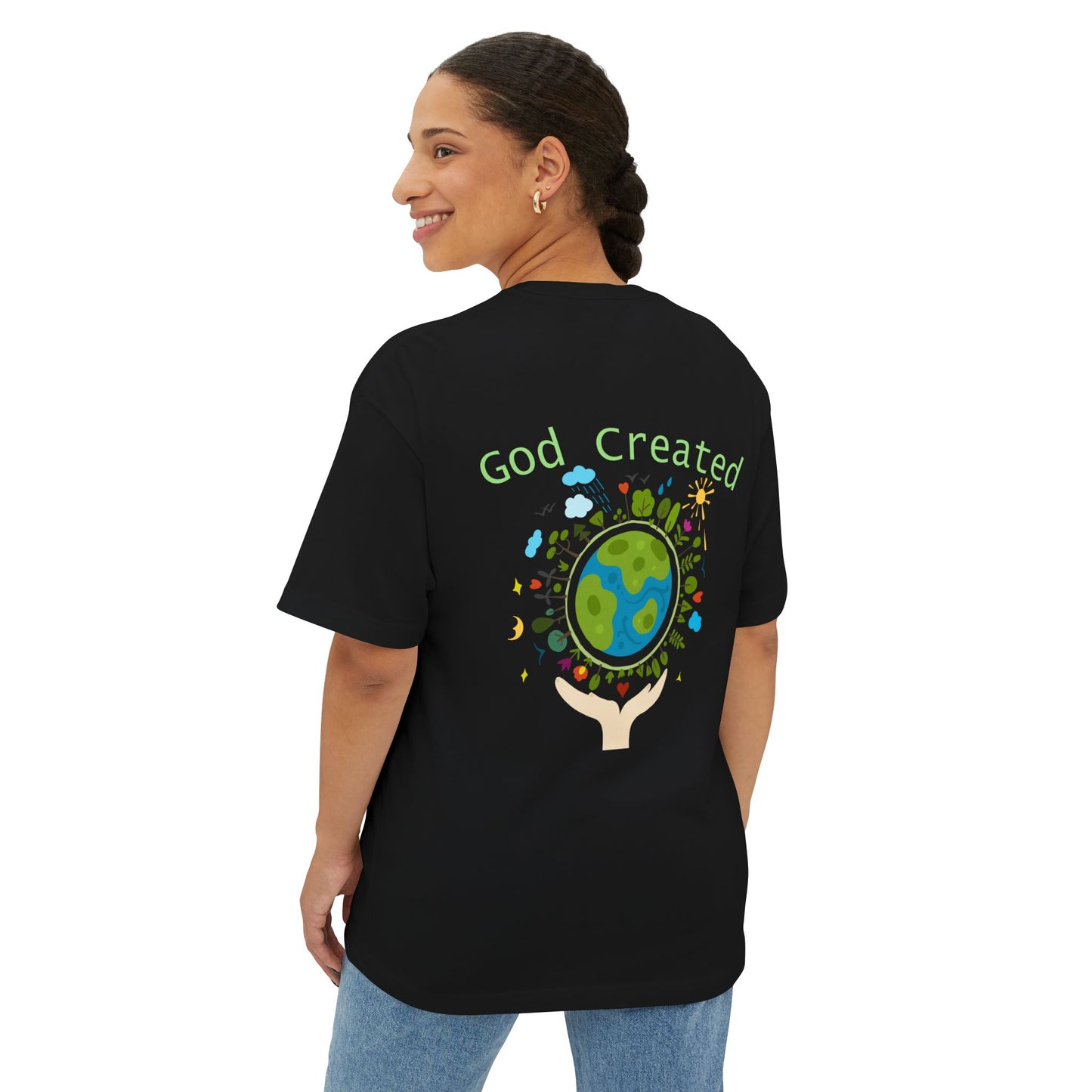 T-Shirt — "God Created" Earth Graphic Tee (Eco, Faith & Nature Love)