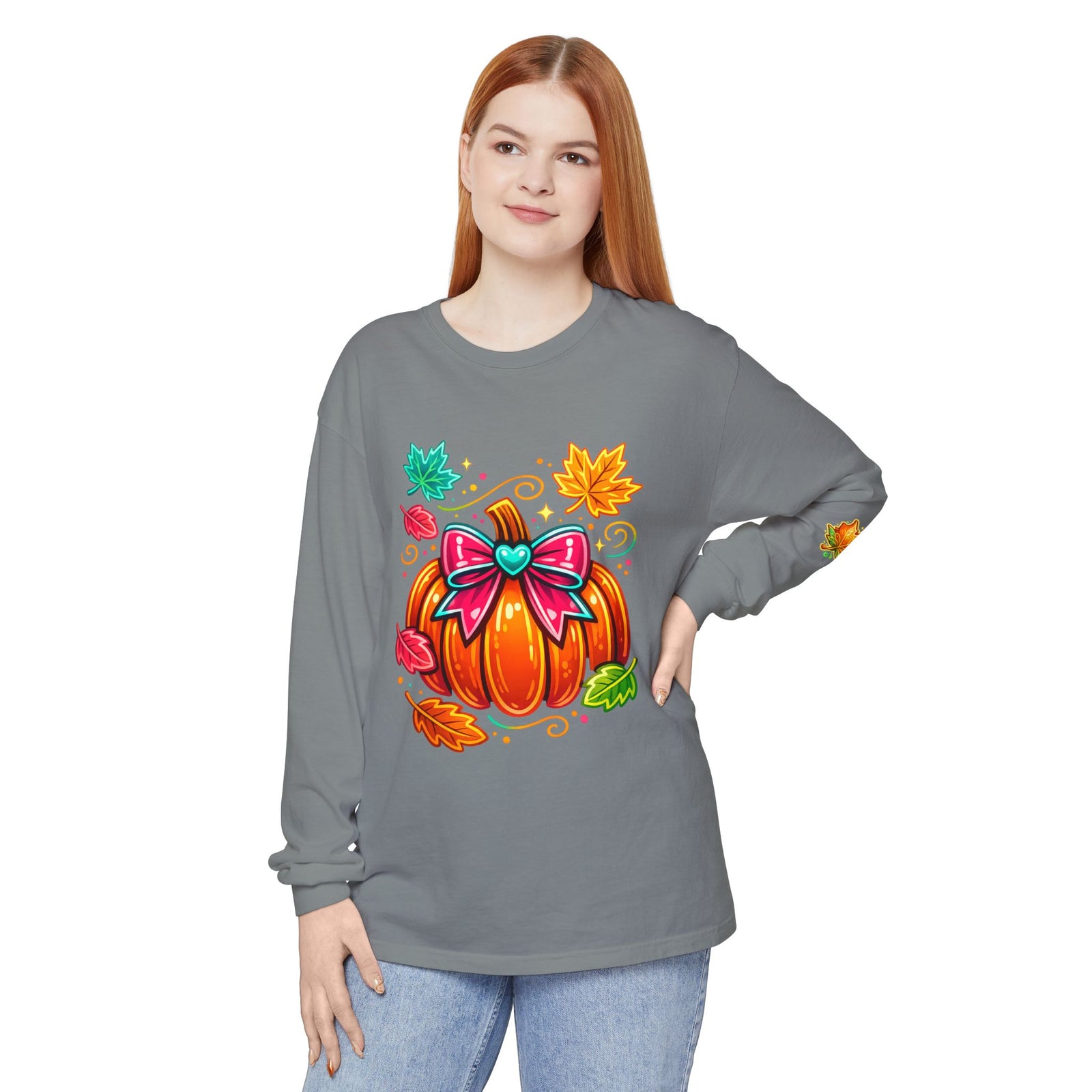Autumn Pumpkin Bow Long Sleeve Tee