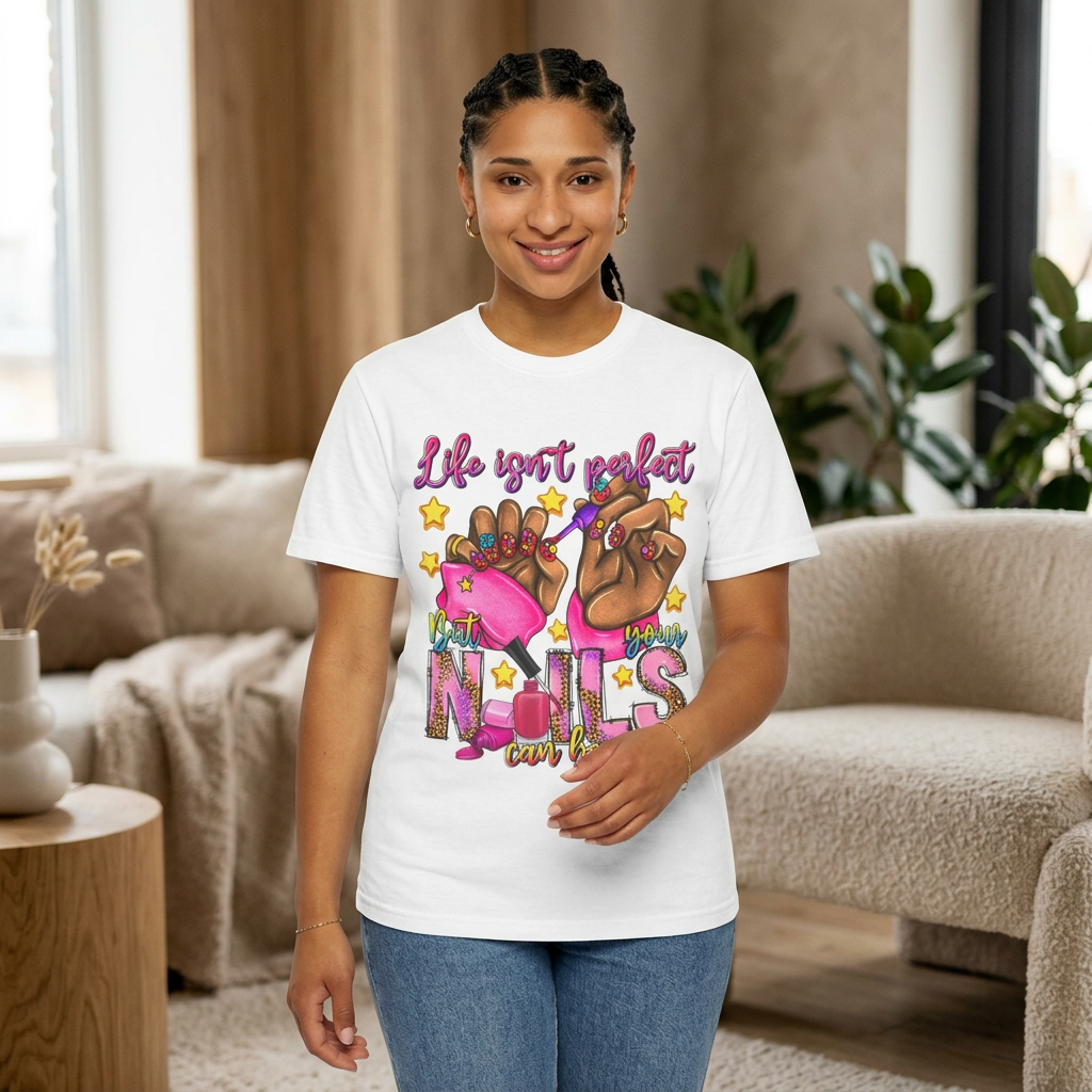 Nails Can't Be Perfect T-Shirt — Pink Manicure Graphic Tee for Nail Lovers