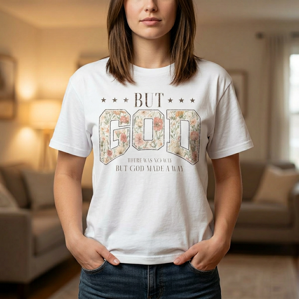But God Floral Graphic Tee — Inspirational Christian Oversized Shirt