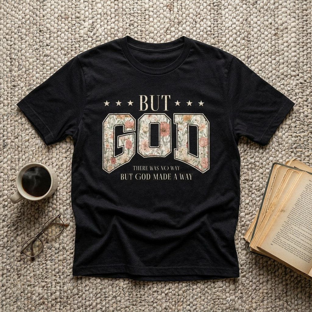 But God Floral Graphic Tee — Christian Faith Statement Shirt