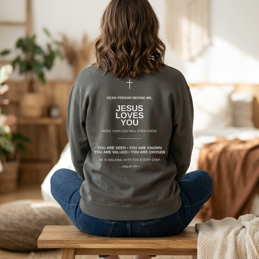 Christian Sweatshirt — Small Cross (Front) + "Jesus Loves You" Back