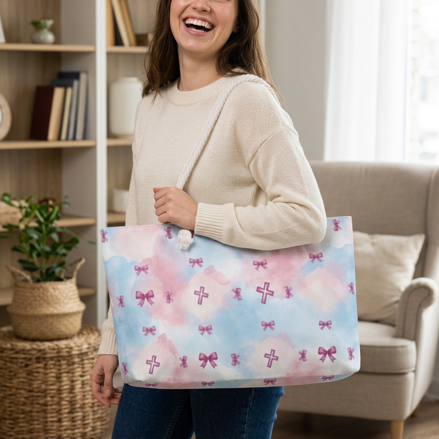 Pastel Cross & Bow Tote Bag