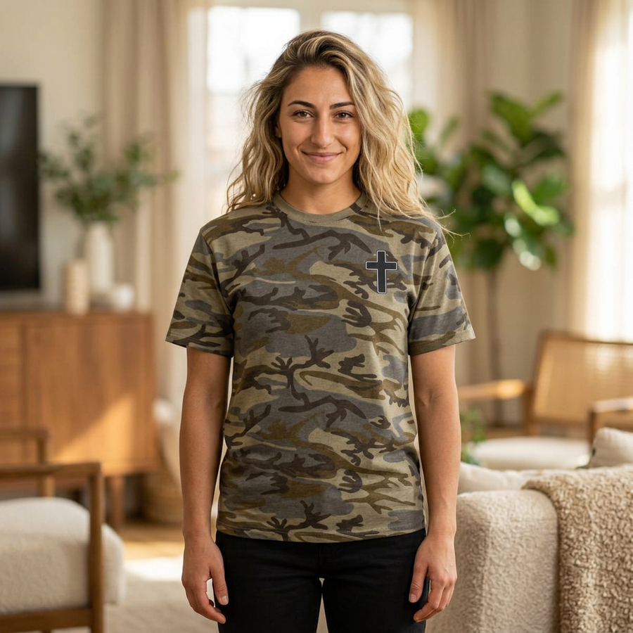 Camo Cross Tee – "Made to worship in All Seasons" Graphic Cotton Shirt