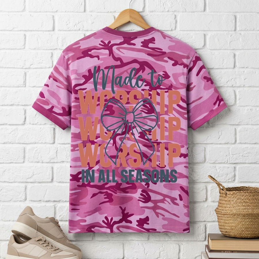 Camo Cross Tee – "Made to worship in All Seasons" Graphic Cotton Shirt