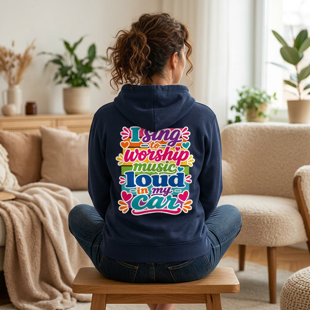 Worship Music Hoodie — "I Sing to Worship Music Loud in My Car" Graphic Hoodie