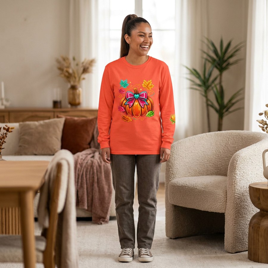 Pumpkin with Bow Long Sleeve Tee — Cute Fall Leaves Graphic