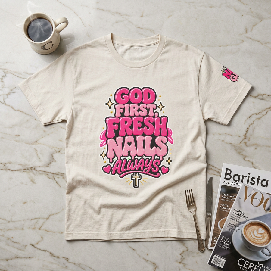 God First Fresh Nails Always T-Shirt — Christian Faith & Self-Care Graphic Tee