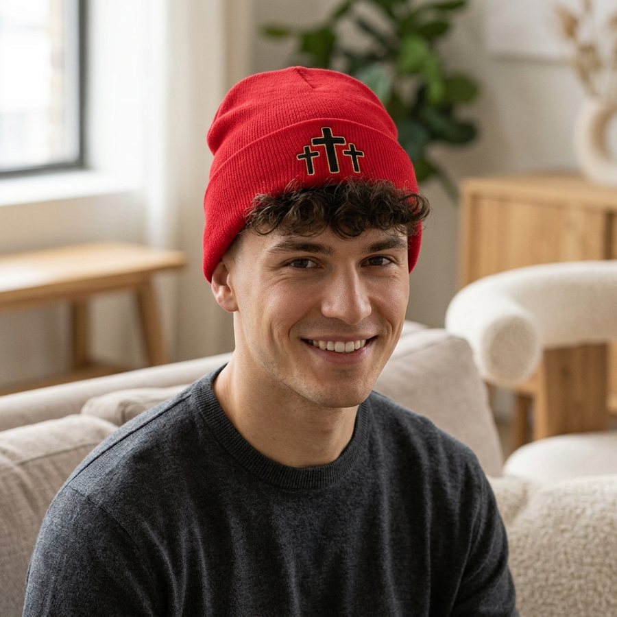 Embroidered Three Crosses Knit Beanie — Christian Faith Winter Hat