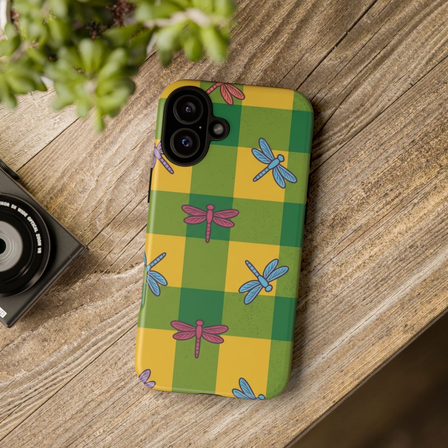 Dragonfly Check Phone Case — Colorful Plaid Protective Tough Case