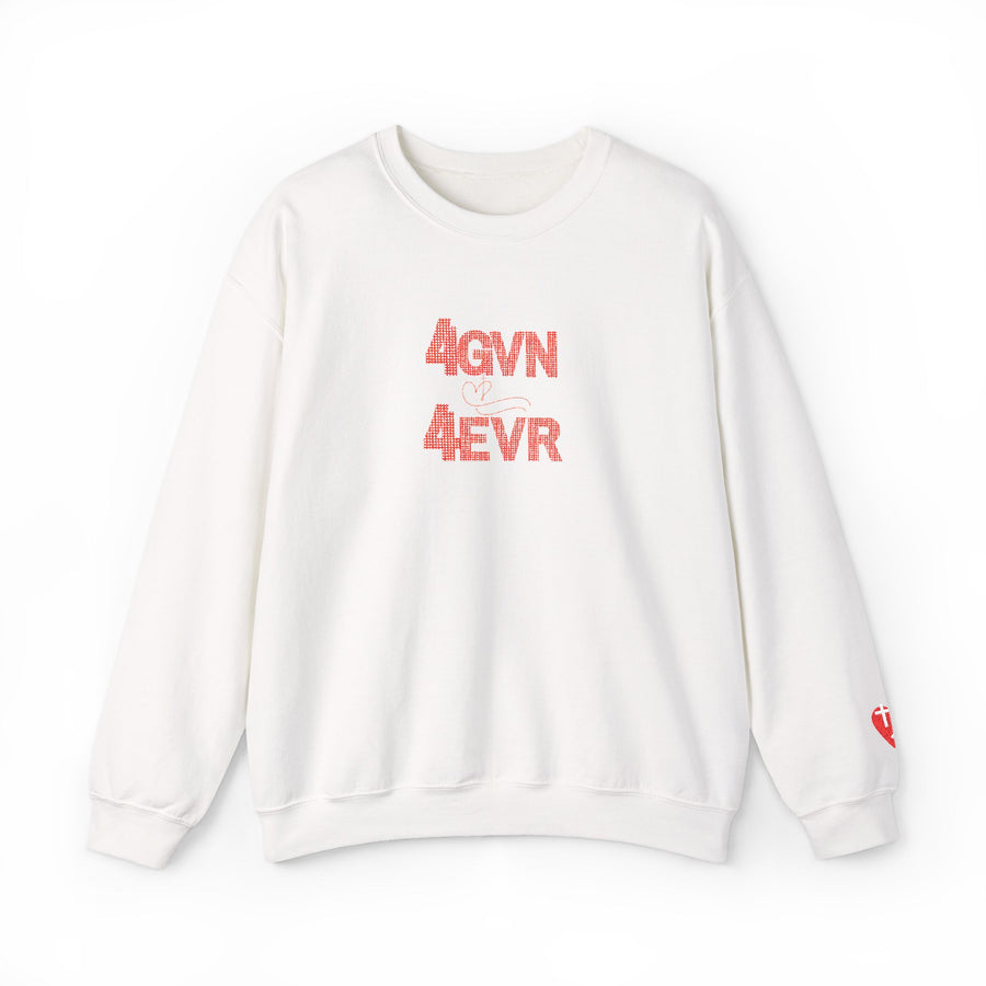 Crewneck Sweatshirt — 'AGAIN NEVER' Floral Text Design, White Cozy Pullover