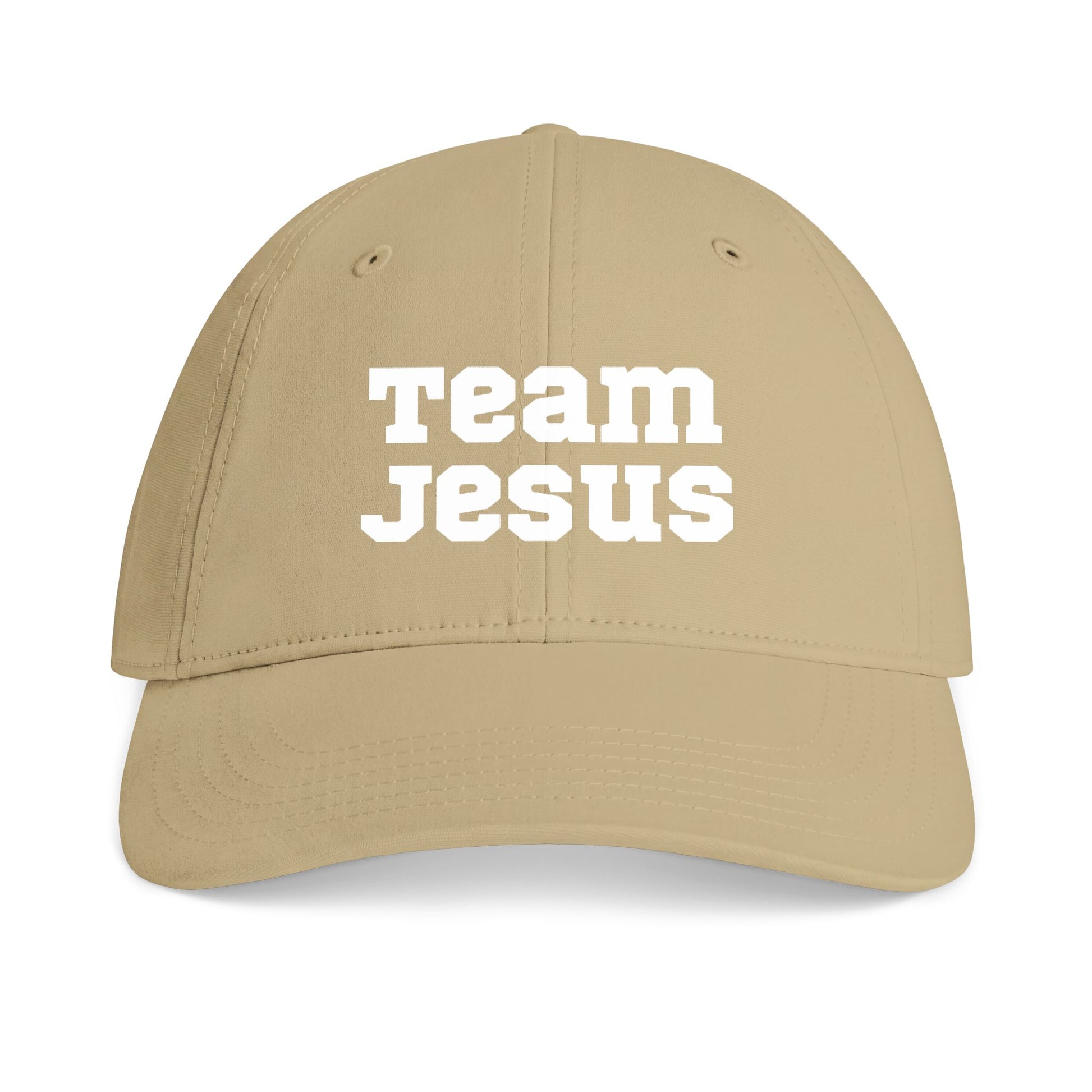 Beige cap with 'Team Jesus' text on a white background