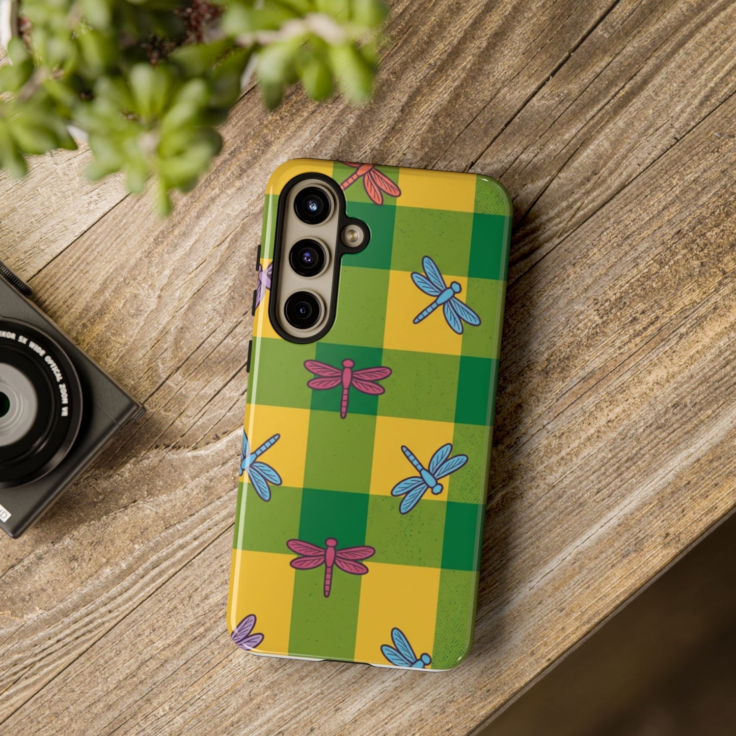 Dragonfly Check Phone Case — Colorful Plaid Protective Tough Case