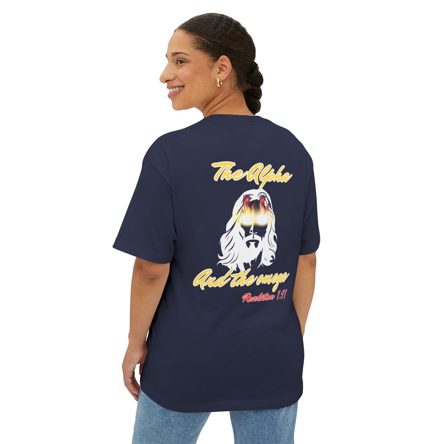 Boxy Tee — "The Alpha and the Omega" Back Graphic Christian T‑Shirt (Revelation 1:11)