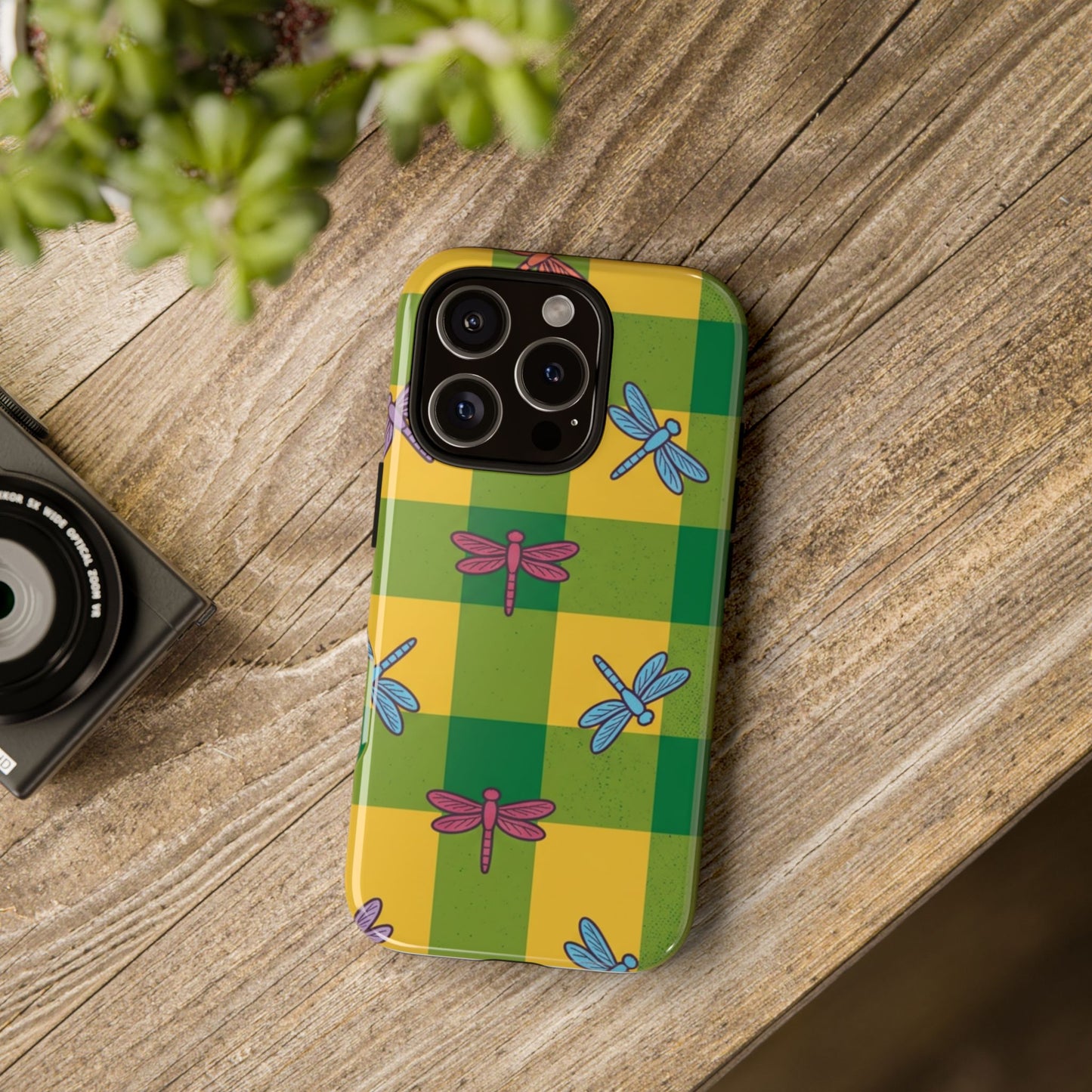 Dragonfly Check Phone Case — Colorful Plaid Protective Tough Case