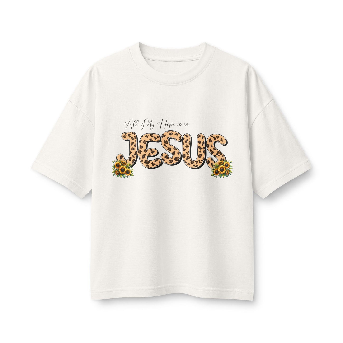 Women’s Tee — All My Hopes Are in Jesus Leopard Print with Sunflowers