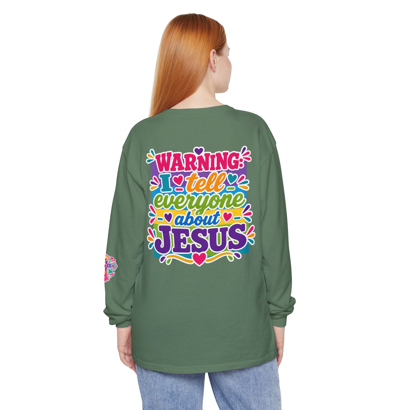 Christian Long Sleeve Tee — "Warning I Tell Everyone About Jesus" Colorful Faith Shirt