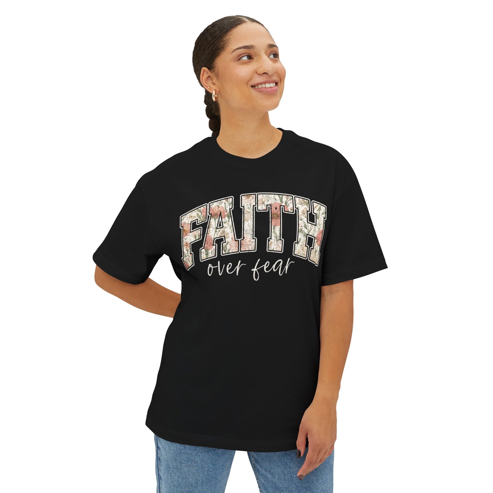 Faith Floral Boxy Tee — Oversized White Graphic T-Shirt with Floral "FAITH" Design