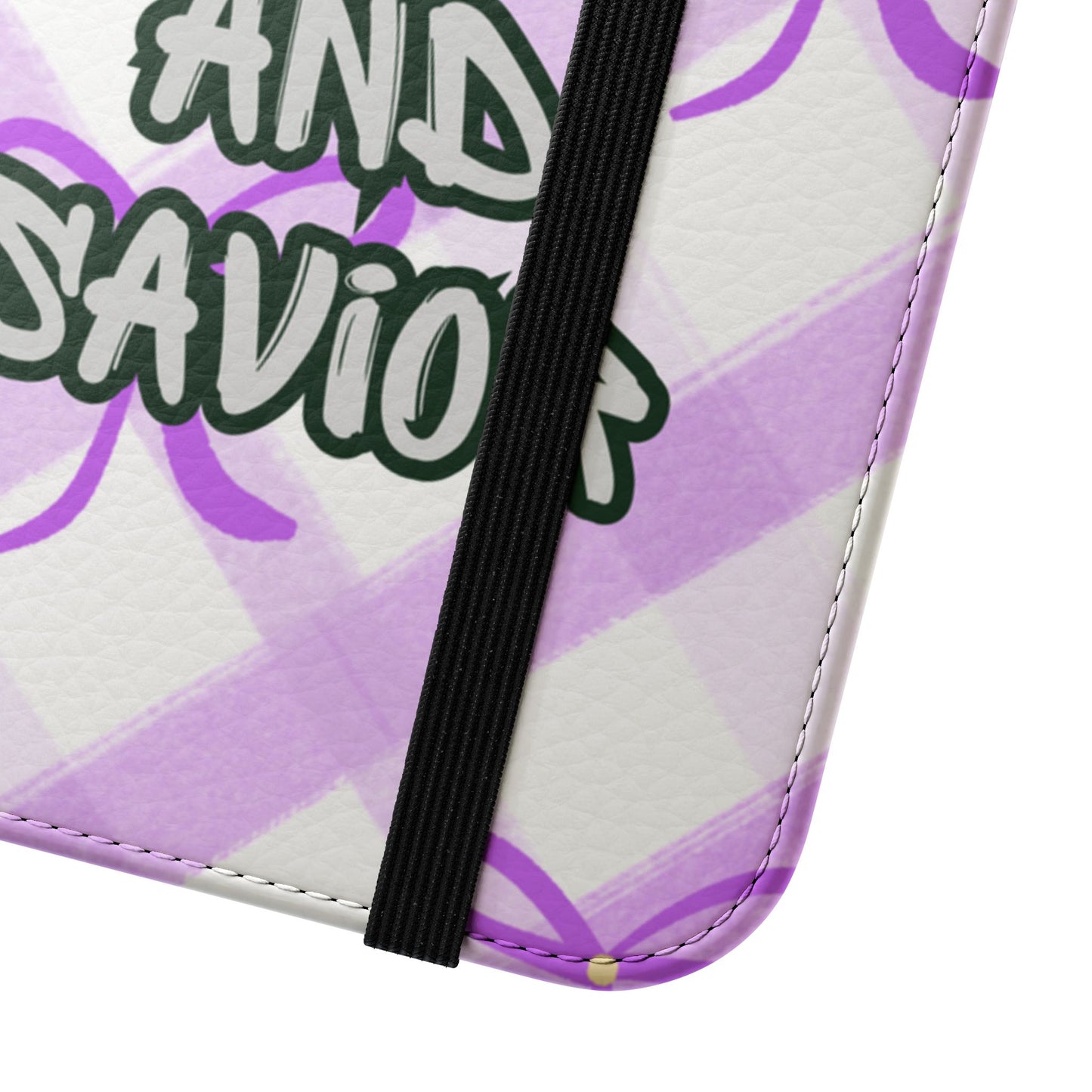 Christian Flip Phone Case — "Jesus Is My Lord and Savior" Purple Bow Plaid Wallet