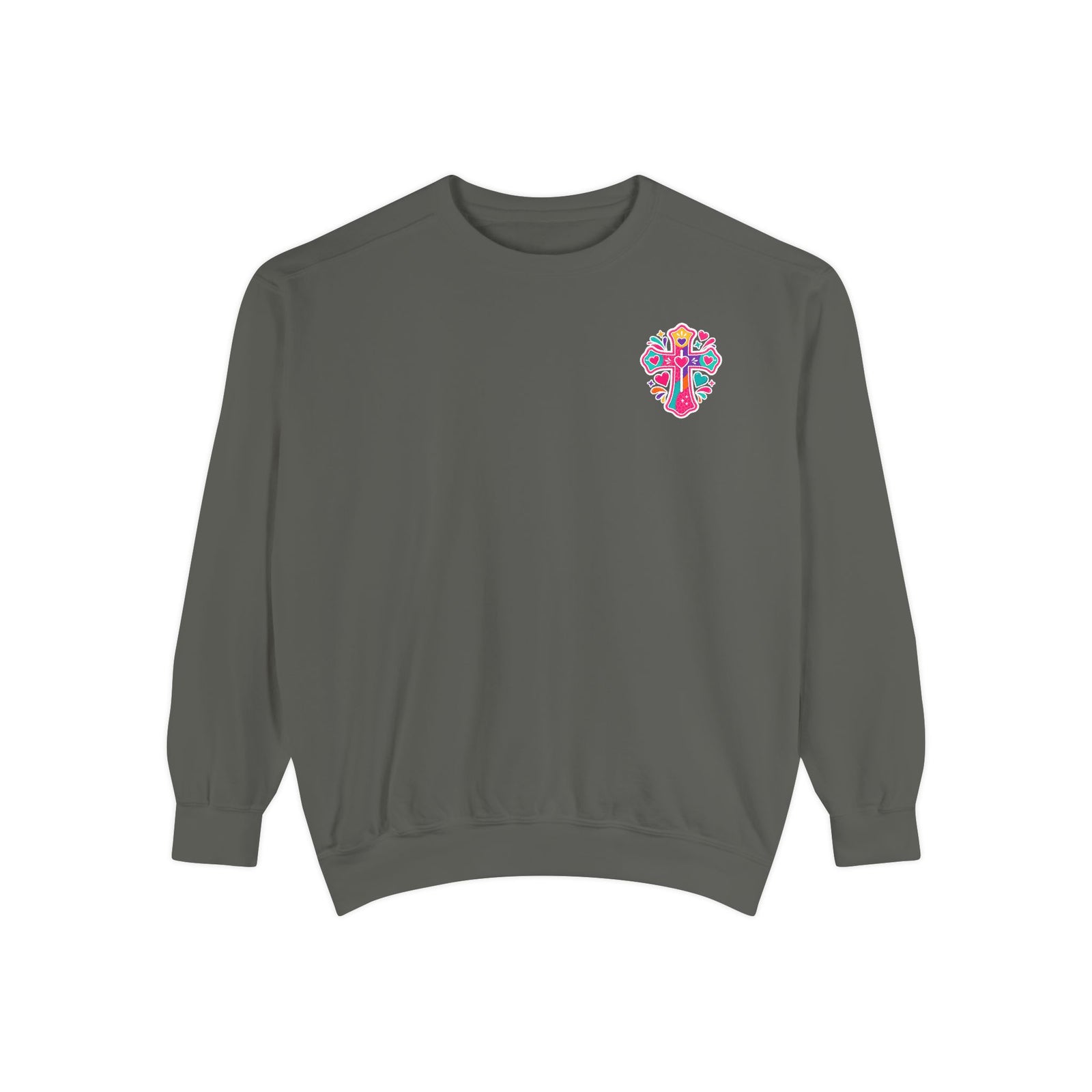 Christian Sweatshirt — “I’m the One on the Front Row at Church” Colorful Hands-Raised Graphic
