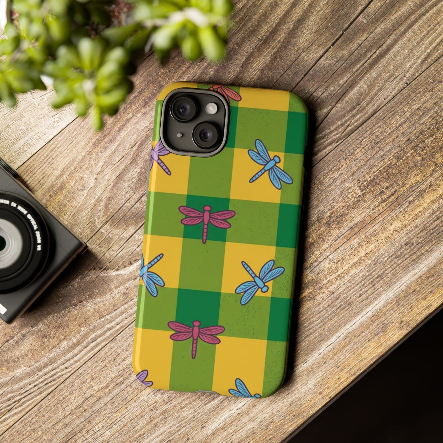 Dragonfly Check Phone Case — Colorful Plaid Protective Tough Case