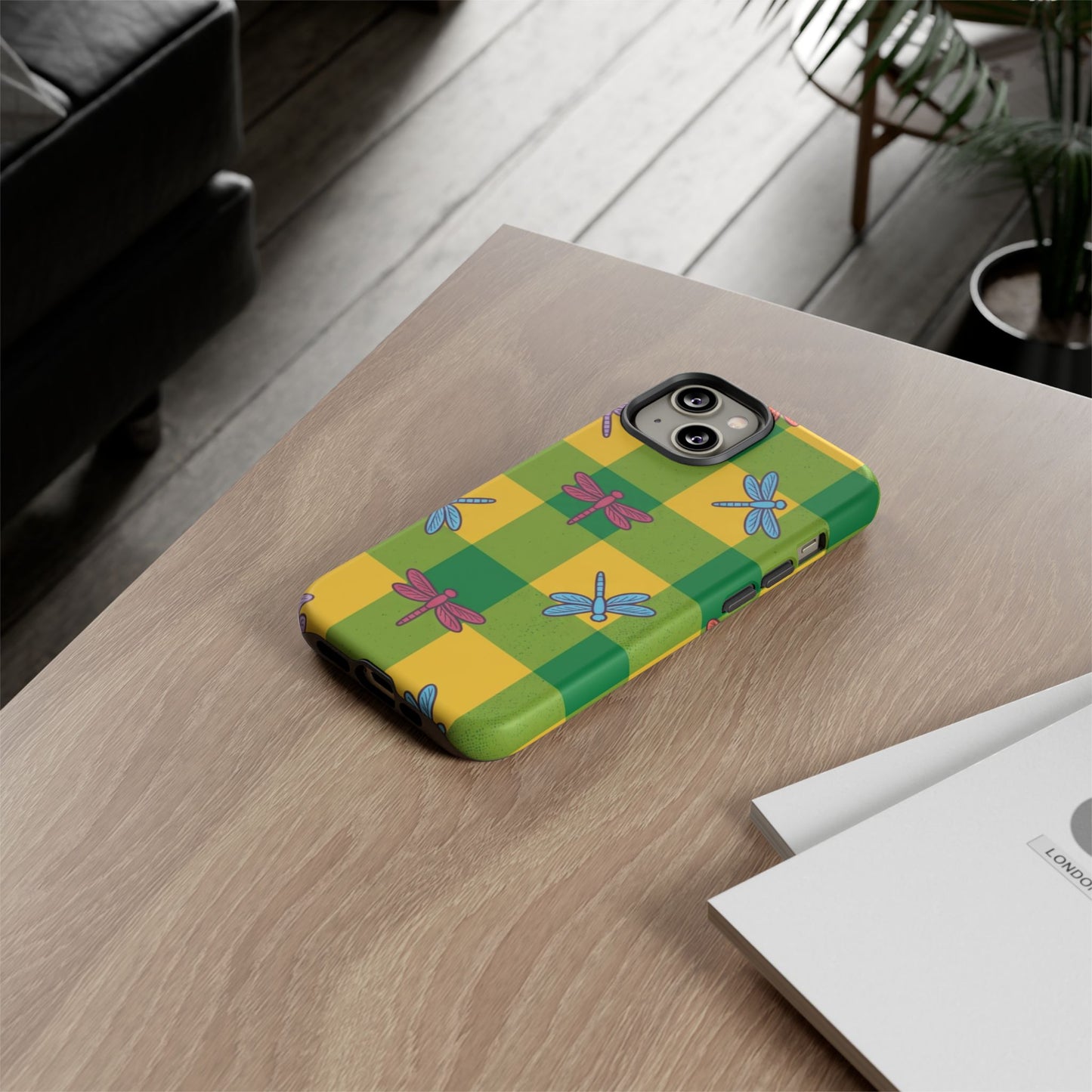 Dragonfly Check Phone Case — Colorful Plaid Protective Tough Case