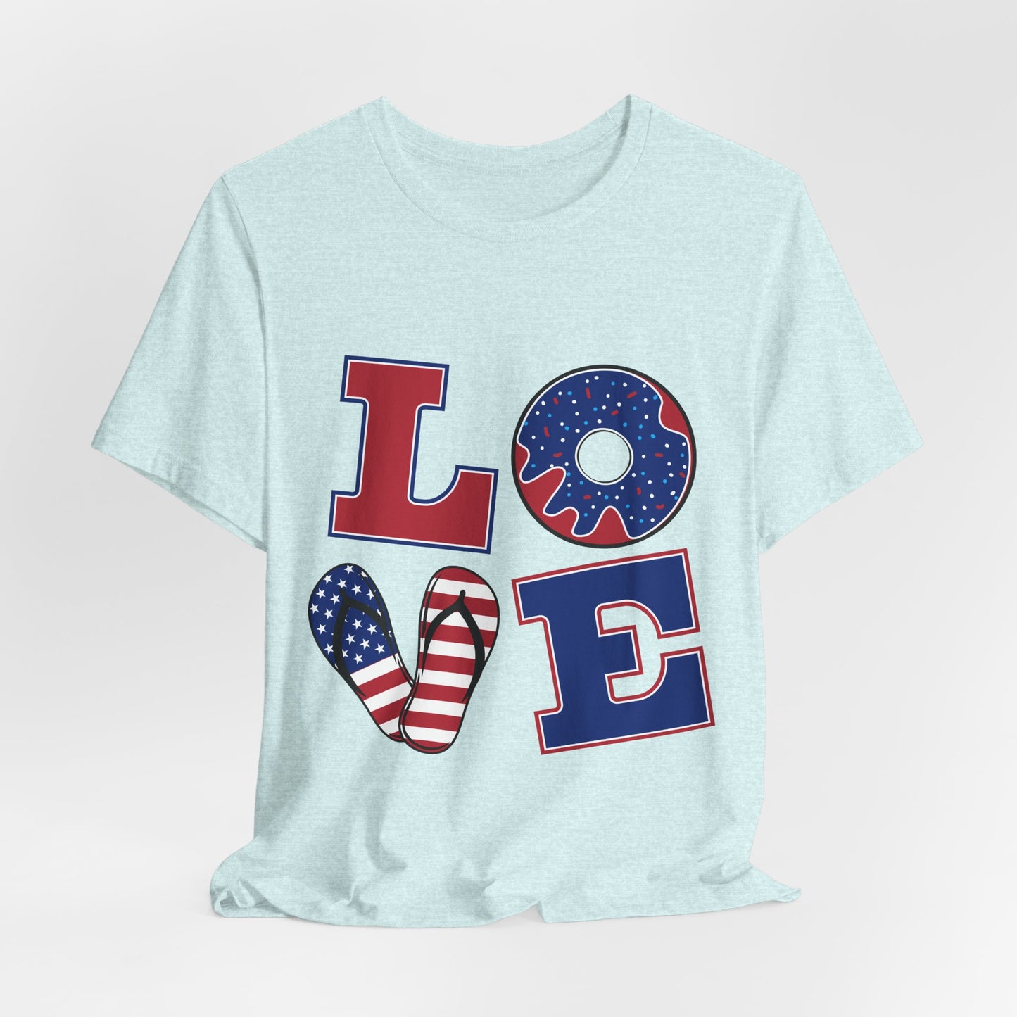 Patriotic LOVE T-Shirt — American Flag Donut & Flip-Flop Fourth of July Tee