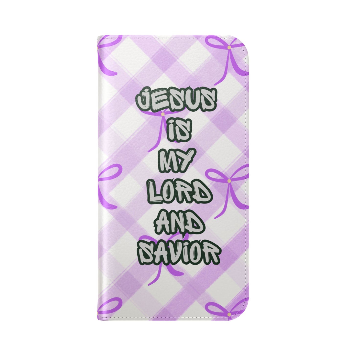 Christian Flip Phone Case — "Jesus Is My Lord and Savior" Purple Bow Plaid Wallet