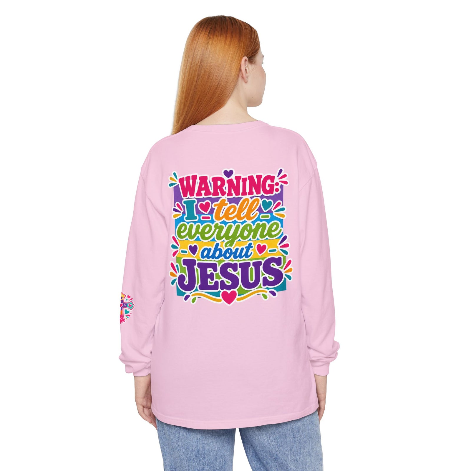 Christian Long Sleeve Tee — "Warning I Tell Everyone About Jesus" Colorful Faith Shirt