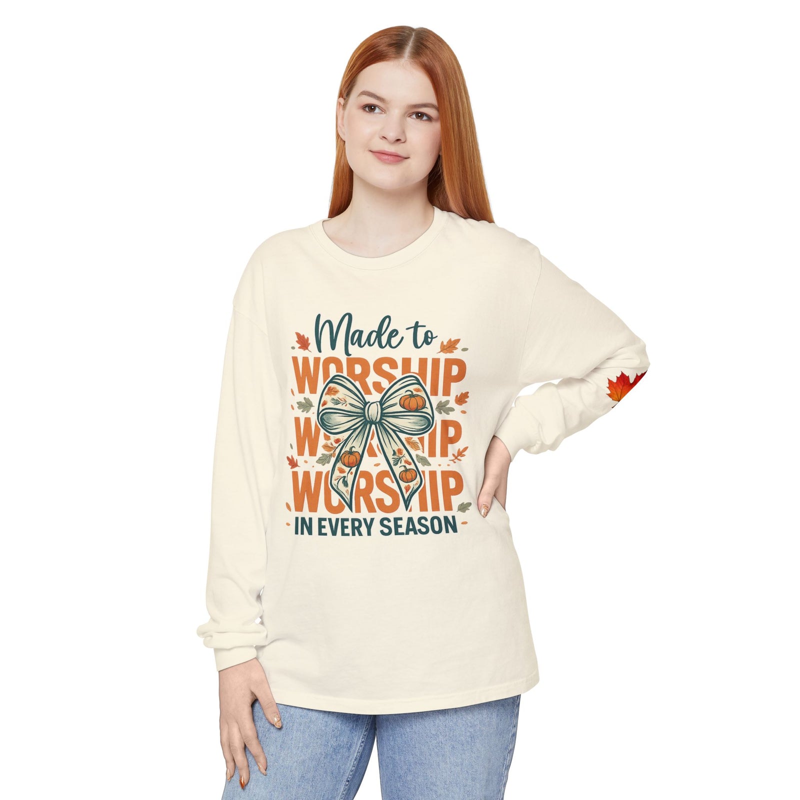 Long Sleeve Tee — "Made to Worship in Every Season" Fall Faith Shirt