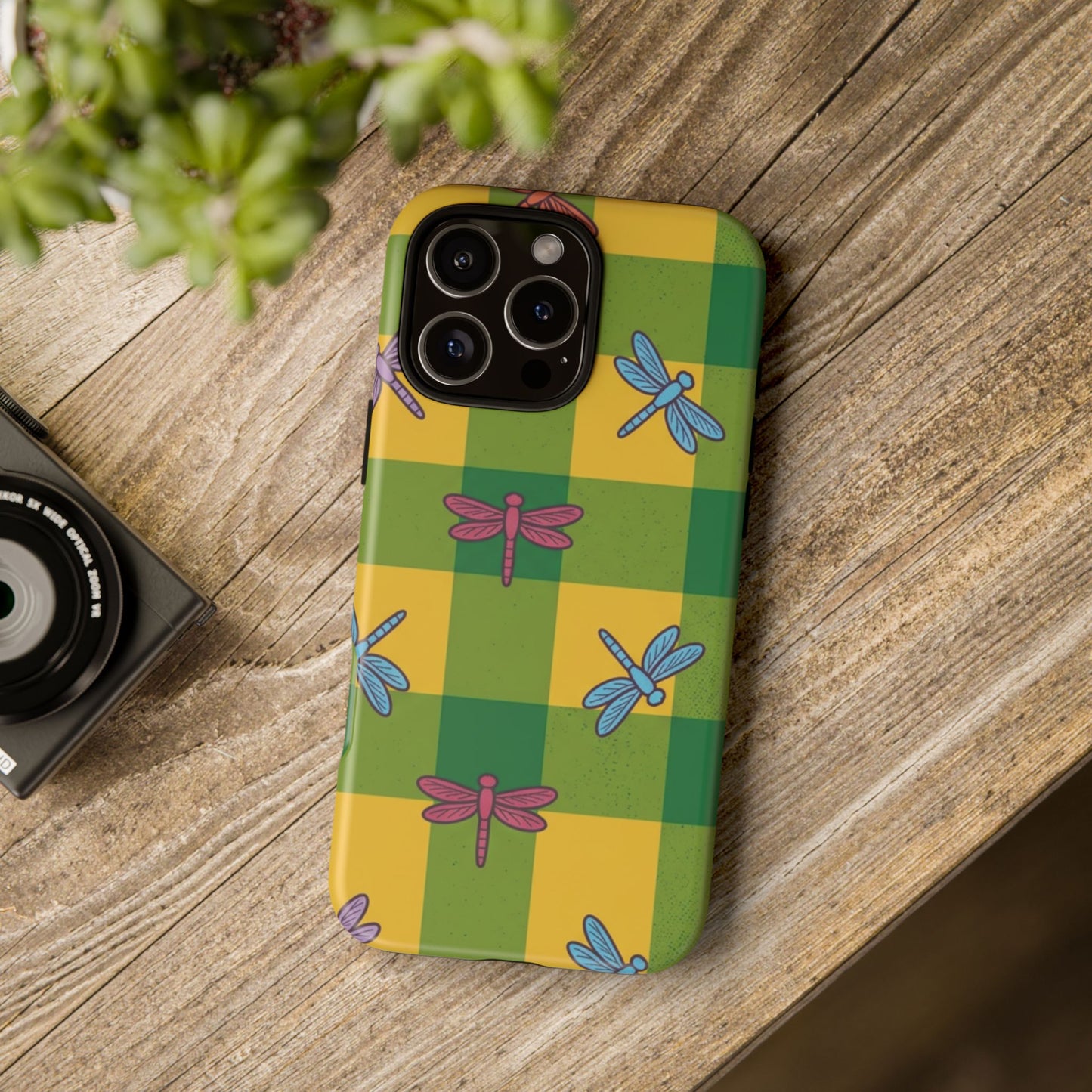 Dragonfly Check Phone Case — Colorful Plaid Protective Tough Case