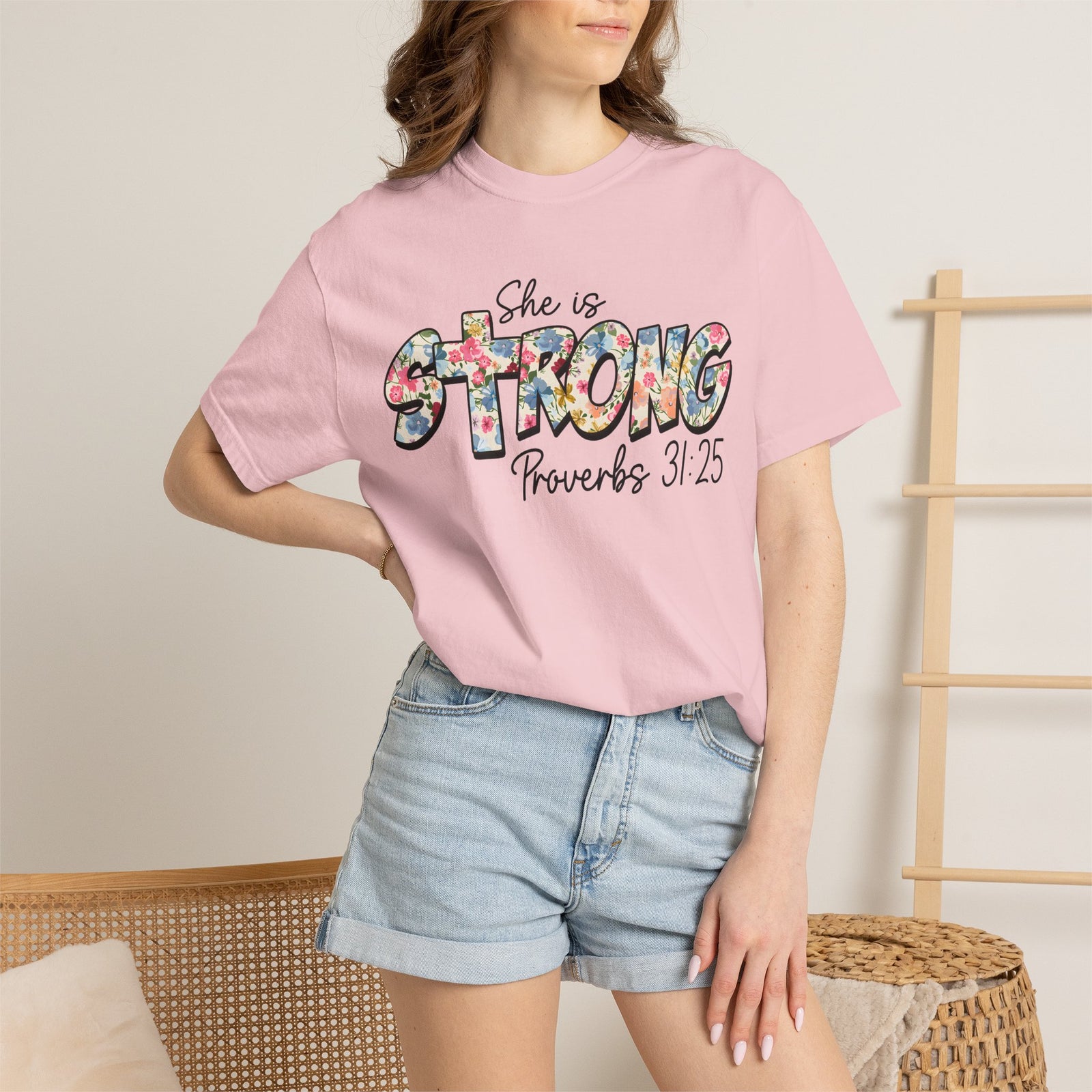 She Is Strong Floral T-Shirt — Proverbs 31:25 Inspirational Tee for Women