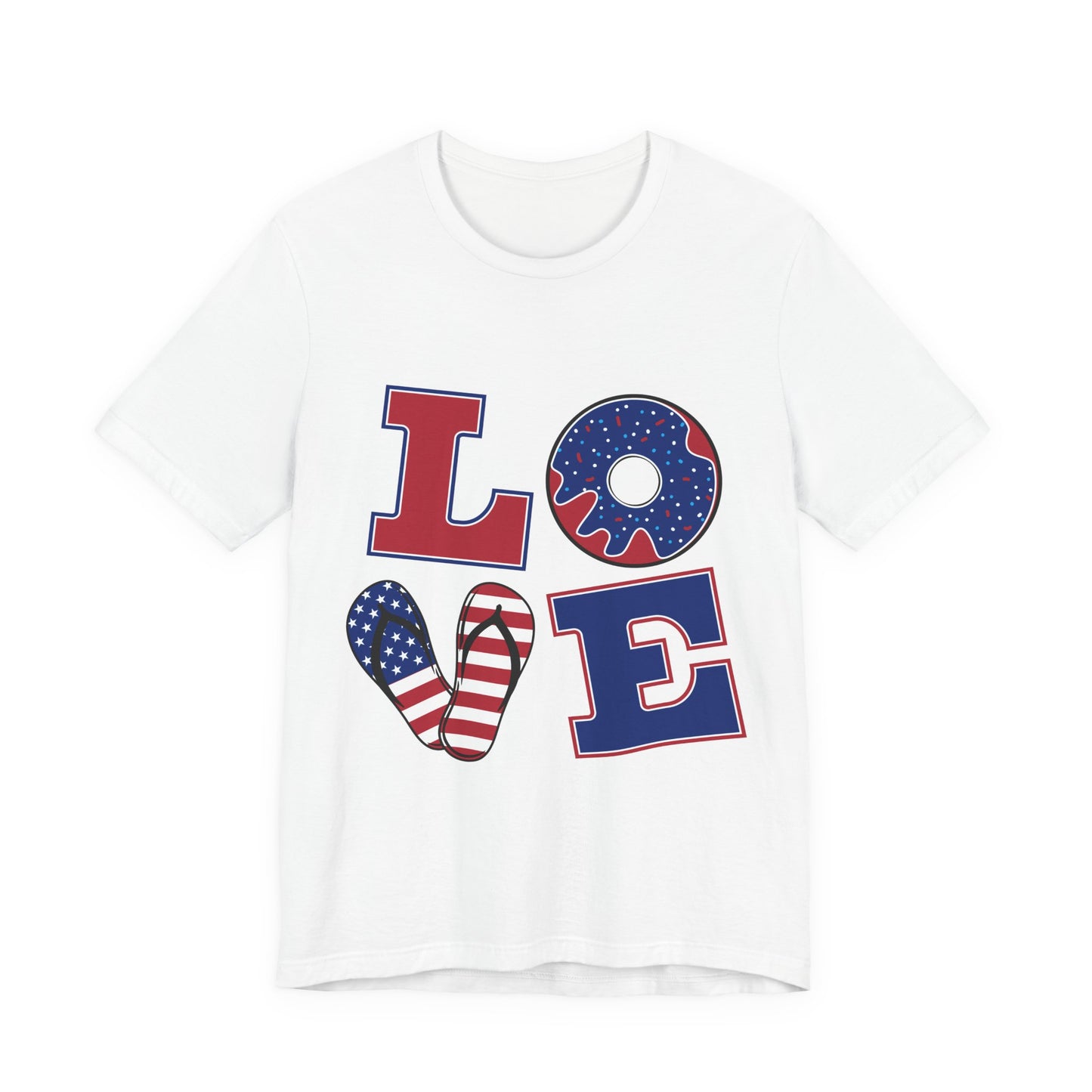 Patriotic LOVE T-Shirt — American Flag Donut & Flip-Flop Fourth of July Tee