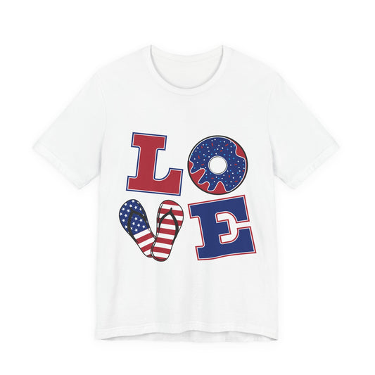 Patriotic LOVE T-Shirt — American Flag Donut & Flip-Flop Fourth of July Tee